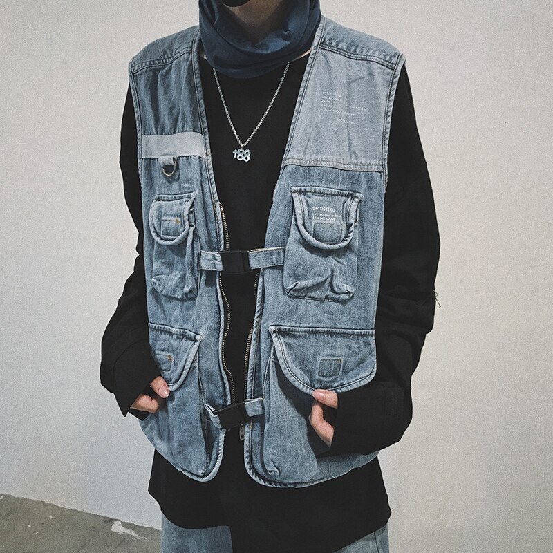 EFUNGAL Denim Jean Vest Men Multiple Pockets Hip Hop Vests Zipper Streetwear Skateboard Sleeveless Winter Casual Jackets Coats