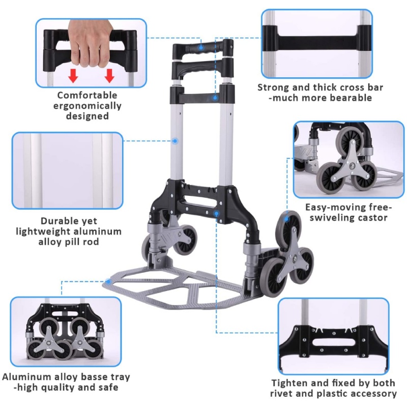 Remolque plegable portátil, carrito de aleación de aluminio, carrito de escalera plegable con ruedas, carrito plegado ligero para viaje y escalada para el hogar