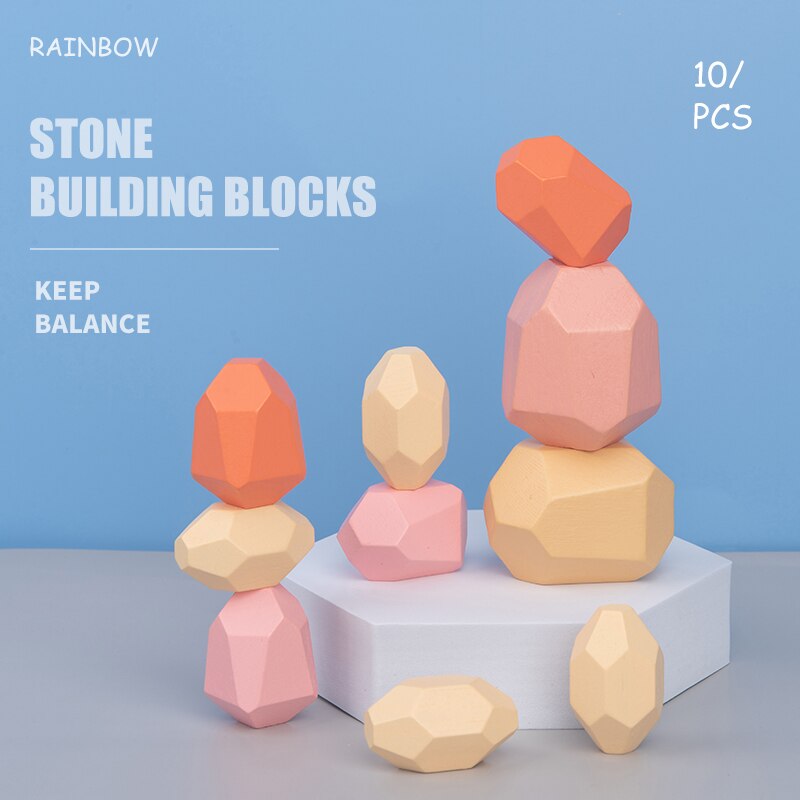 Wooden Balancing Blocks Kids Natural Wood Toys Colored Wooden Stones Stacking Game Rock Blocks Educational Puzzle Toy