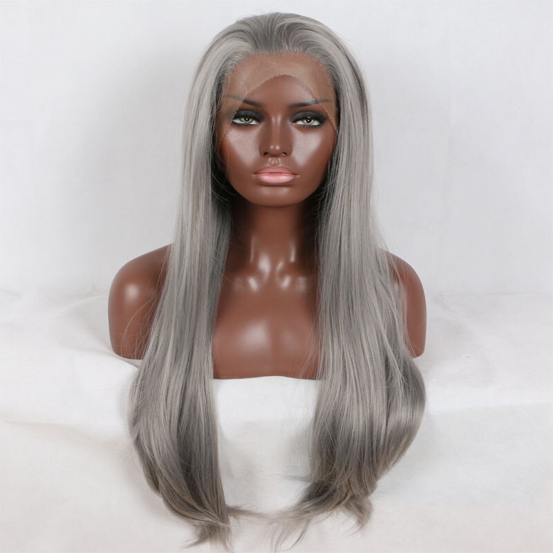Bombshell Silvery Grey Straight Synthetic Hair Lace Front Wig Heat Resistant Fiber Natural Hairline Free Parting For Women Wigs