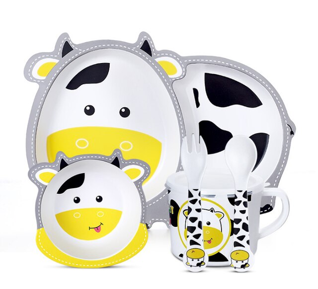 5 unids/set bebé plato niños de dibujos animados de alimentación platos niños Natural de fibra de bambú de vajilla con tazón tenedor Copa cuchara de placa: cow