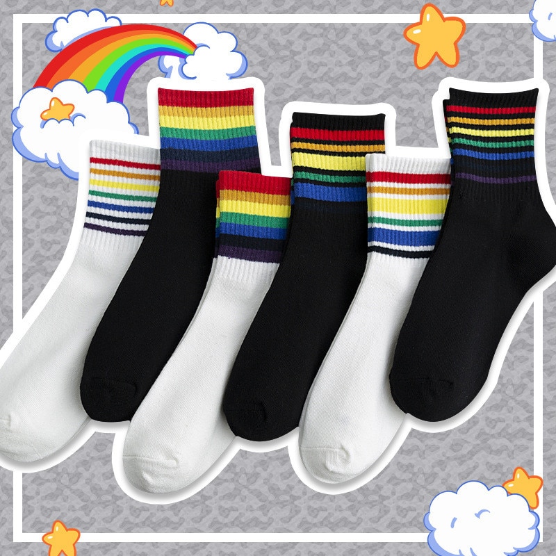 Calcetines de mujer 1 Uds. De tubo mediano Arco Iris calcetines de rayas calcetines de mujer algodón cómodos y transpirables Harajuku de