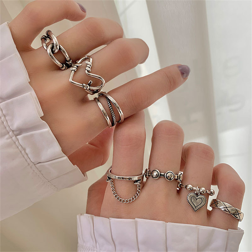 7 stks/set Mode Hart Ketting Ring Set Voor Vrouwen Metaal Zilver Kleur Geometrische Holle Vinger Ring Trendy Sieraden 2023: Default Title
