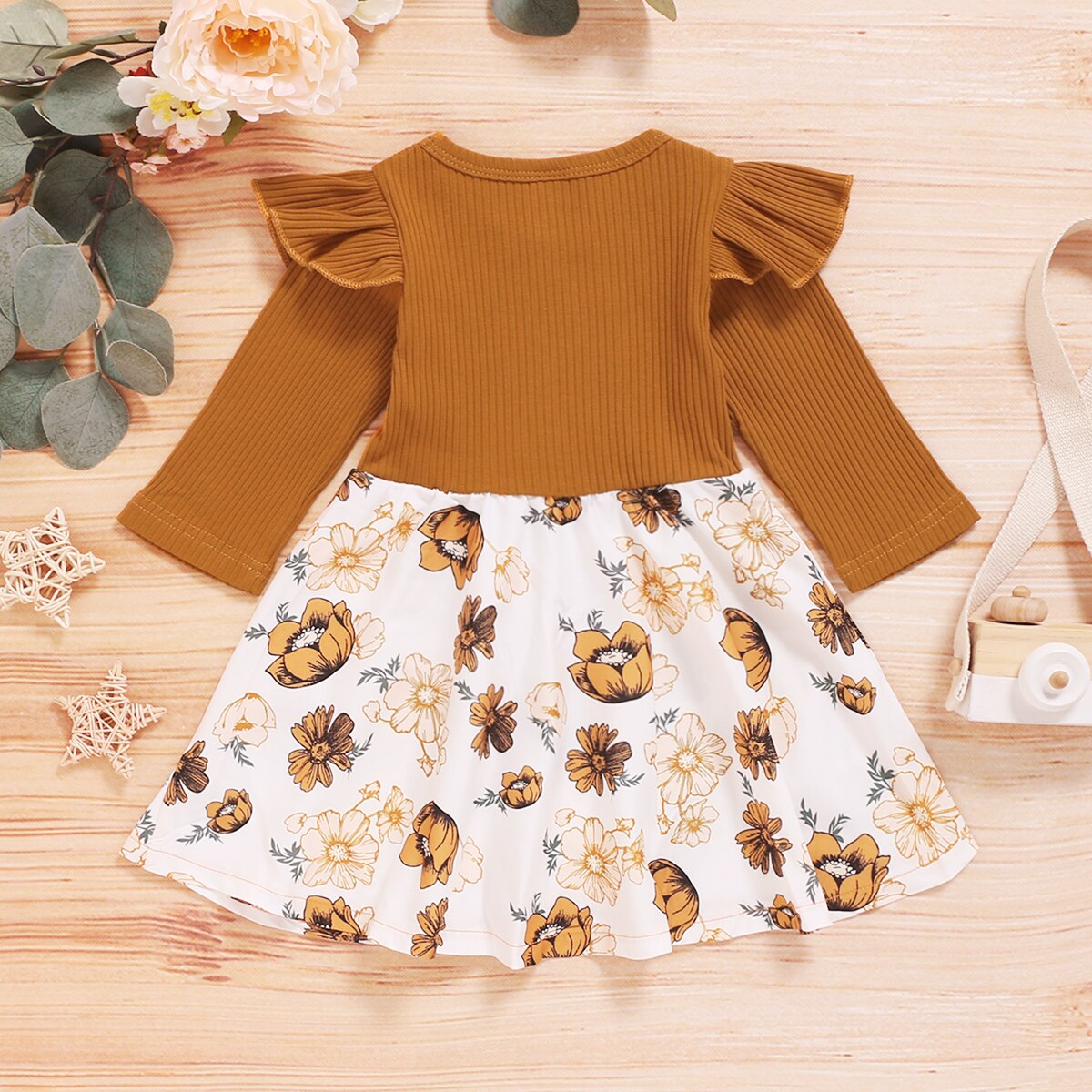 Infant Kids Baby Meisje Patchwork Jurk, Peuter Lange Mouw Ronde Hals Decoratieve Knop Geribbelde Jurk Ruche Kleding