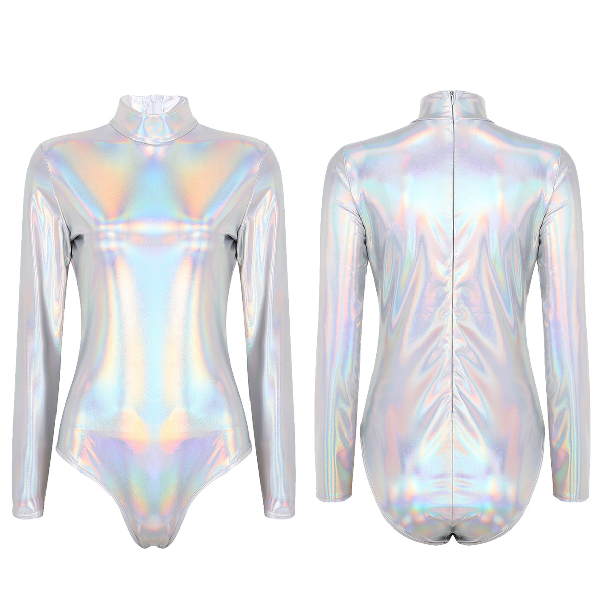 gymnastics leotard metallic gymnastics clothes holographic dance leotard for women long sleeve high neck shinny ballet leotard: Silver / S