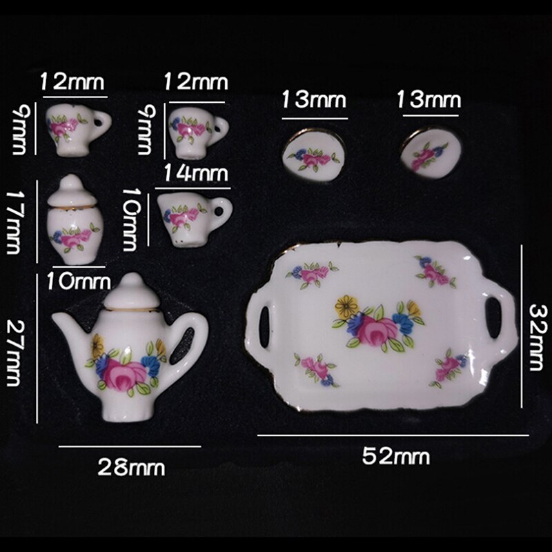 8 stuks poppenhuis miniatuur serviesgoed met bloemenpatroon, porseleinen theeservies, schaal en kopje