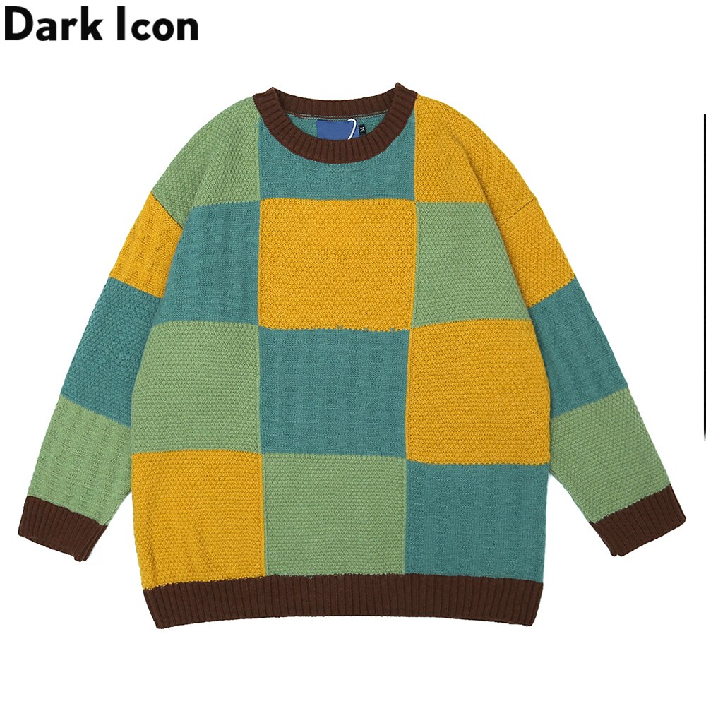 Dark Icon Plaid Knitwear Sweater Men Women Round Neck Vintage Men's Sweaters Street Sweaters for Man
