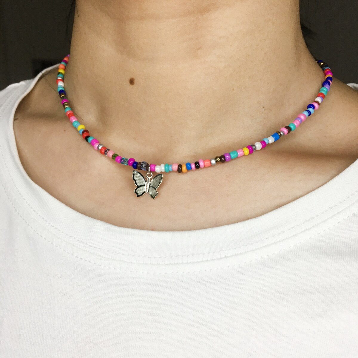 Simple Beads Butterfly Choker Necklace Colorful Seed Beads Collar Necklace For Women Girls Summer Beach Jewelry