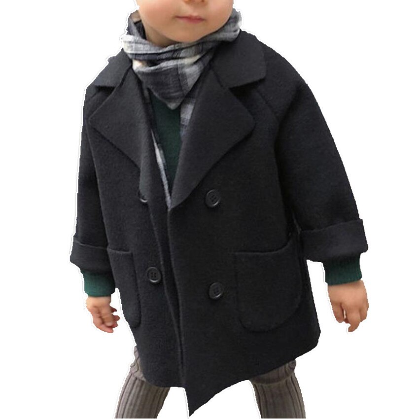 Winter Jassen Jongens Effen Wollen Double-Breasted Baby Jongen Revers 1 2 3 4 5 Y Kinderen Bovenkleding Jassen wollen Jas Voor Jongens: Black / 140cm