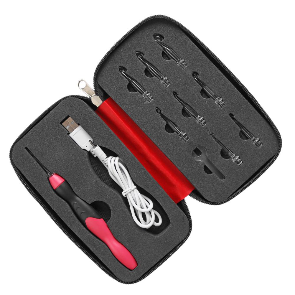 9 in 1 LED Crochet Hook Set Light Up Rechargeable Ergonomic Crochet Hooks Lighted Knitting Hook Tools With Crochet Hook Case: Red