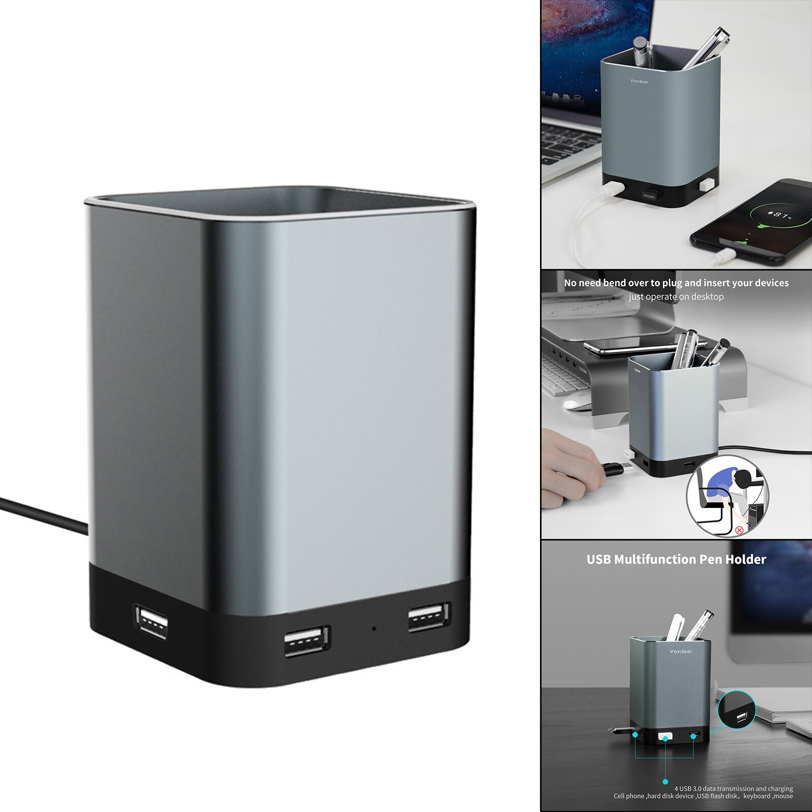 Pen Pencil Holder Multifunctional 4 Built-in USB Charging Ports Pen Container for School Desk Supplies