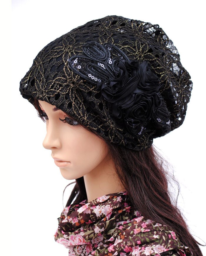 Bonnet femme Pilecap femme printemps et automne dentelle mince poche découpe maille chapeau mois de cap embout turban chapeau couvrant: Black