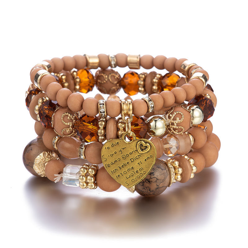4 unids/set Boho étnico corazón pulsera con cuentas conjunto para mujer hecho a mano cuentas de cristal cadena brazalete mujer Bohemia joyería: Color dorado