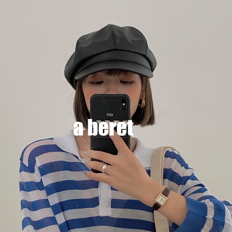 Cuero de la PU de invierno tapa octogonal chicas boina sombreros para las mujeres de Color verde gorras estilo vendedor de periódicos de la mujer de estilo británico boinas gorro para mantenerse