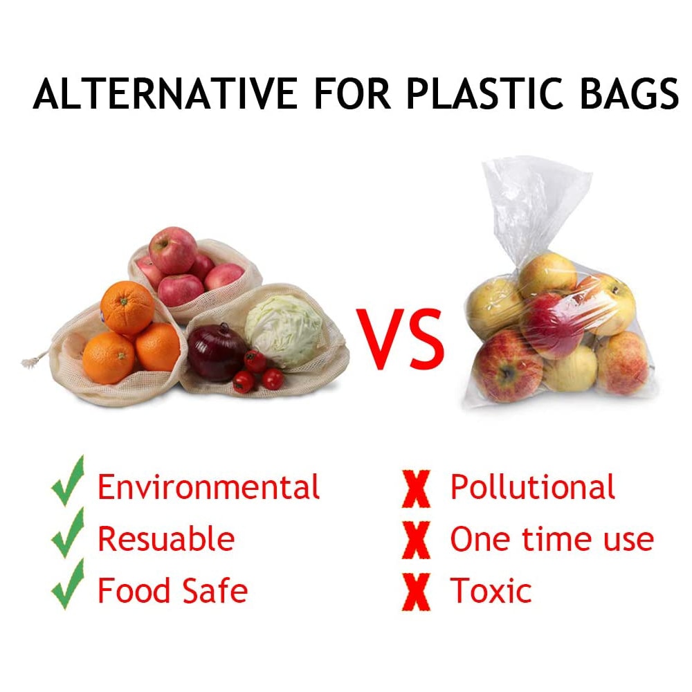 Reusable Vegetable Bag Eco Organic Cotton Mesh Vegetable Storage Bag for Vegetable Fruit Bags Washable Drawstring Produce Bags