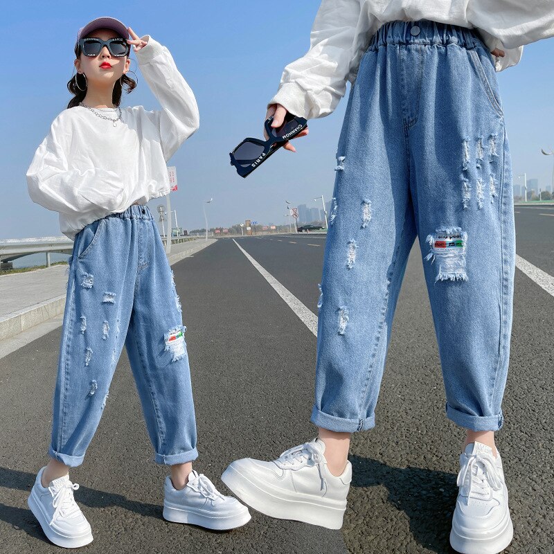 Pantalones vaqueros rasgados para niñas de 4 a 14 años, pantalones pitillo sueltos coreanos para adolescentes, ropa de primavera y otoño, nueva