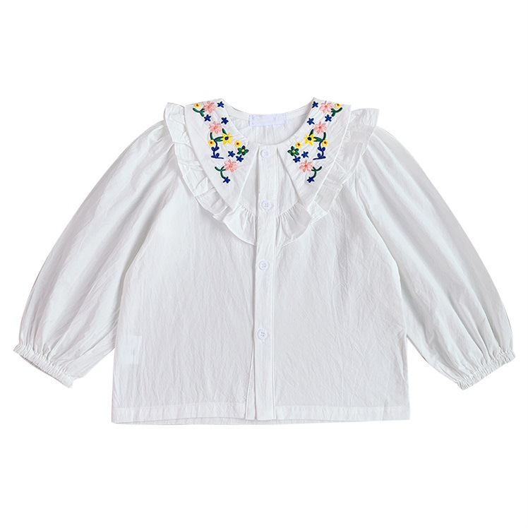 Blusa blanca bordada para niña, camisa de manga larga con cuello bordado para primavera y verano, Tops, disfraz informal