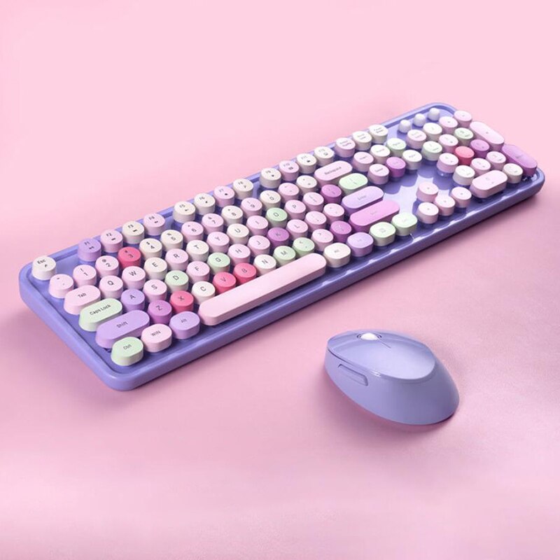 Wireless Girly Pink cute Gaming Mechanical Keyboard and mouse Silent Backlight Round key keyboard for office PC Laptops gamer: Purple