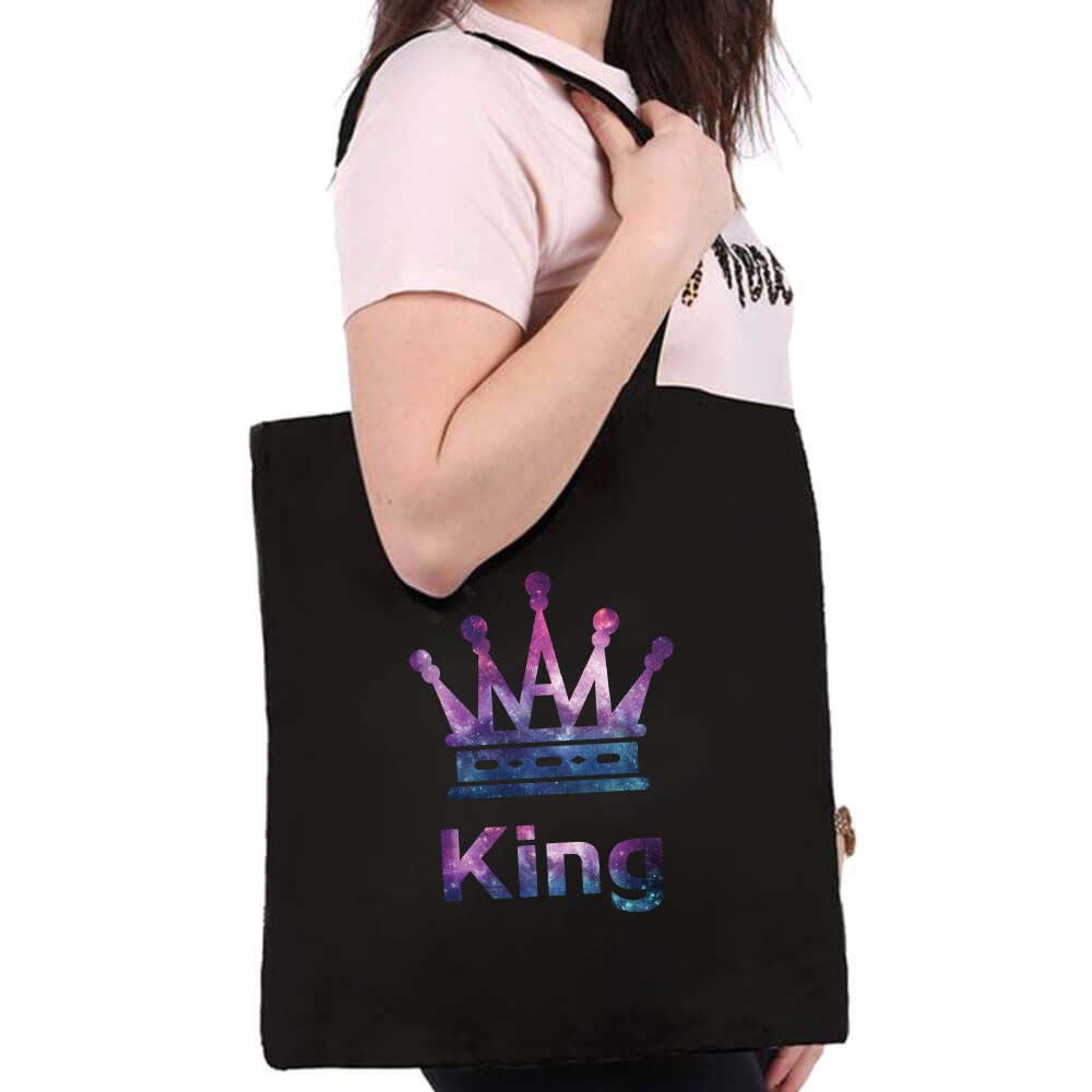 Vrouwen Boodschappentassen Crown Patroon Serie Eco Shopper Schoudertas Mode Zwarte Afdrukken Handtas Canvas Draagtas
