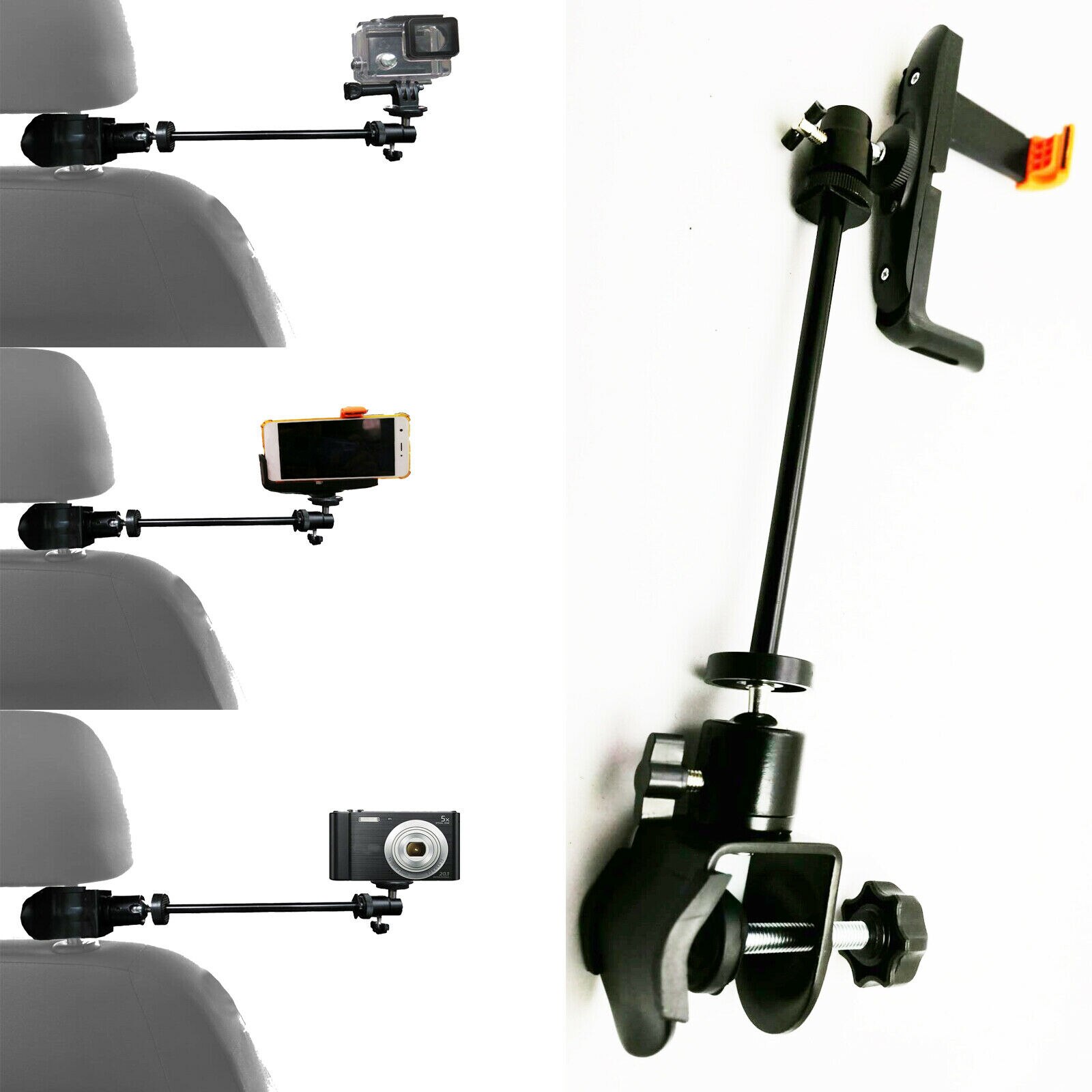 Soporte del reposacabezas del coche soporte para Cámara de Acción de Video GoPro, videocámaras, DV,Smartphone