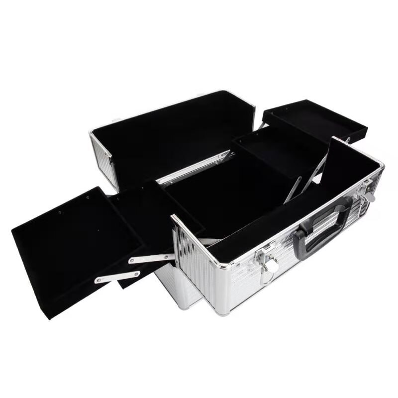 [US-W]Handy Stylish Three Stripes Aluminum Makeup Storage Box with Keys Silver