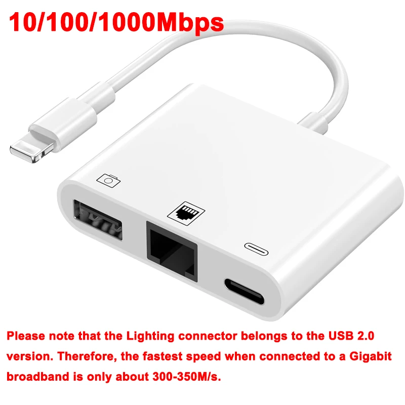 Adaptador Ethernet RJ45 con puerto de carga USB OTG, dispositivo 3 en 1 para Lightning iPhone 14, 13, 12, 11, 8, 7, 6, 5 /iPad/iPod: Negro