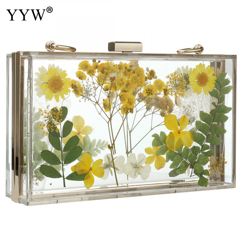 Acrylic Transparent Floral Evening Clutch Wedding Bridal Cute Wallet Women Tote Pack Clear Hard Box Metal Chain Shoulder Bags: yellow