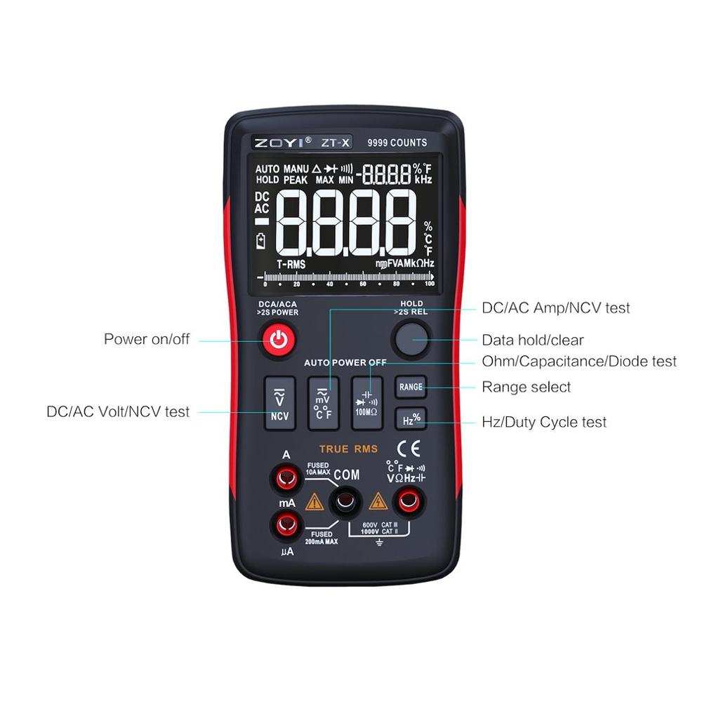 Zt-x digitalt multimeter automatisk rækkevidde sand rms ac/dc volt amp ohm kapacitans duty cycle ncv diode temperatur tester 9999 tæller