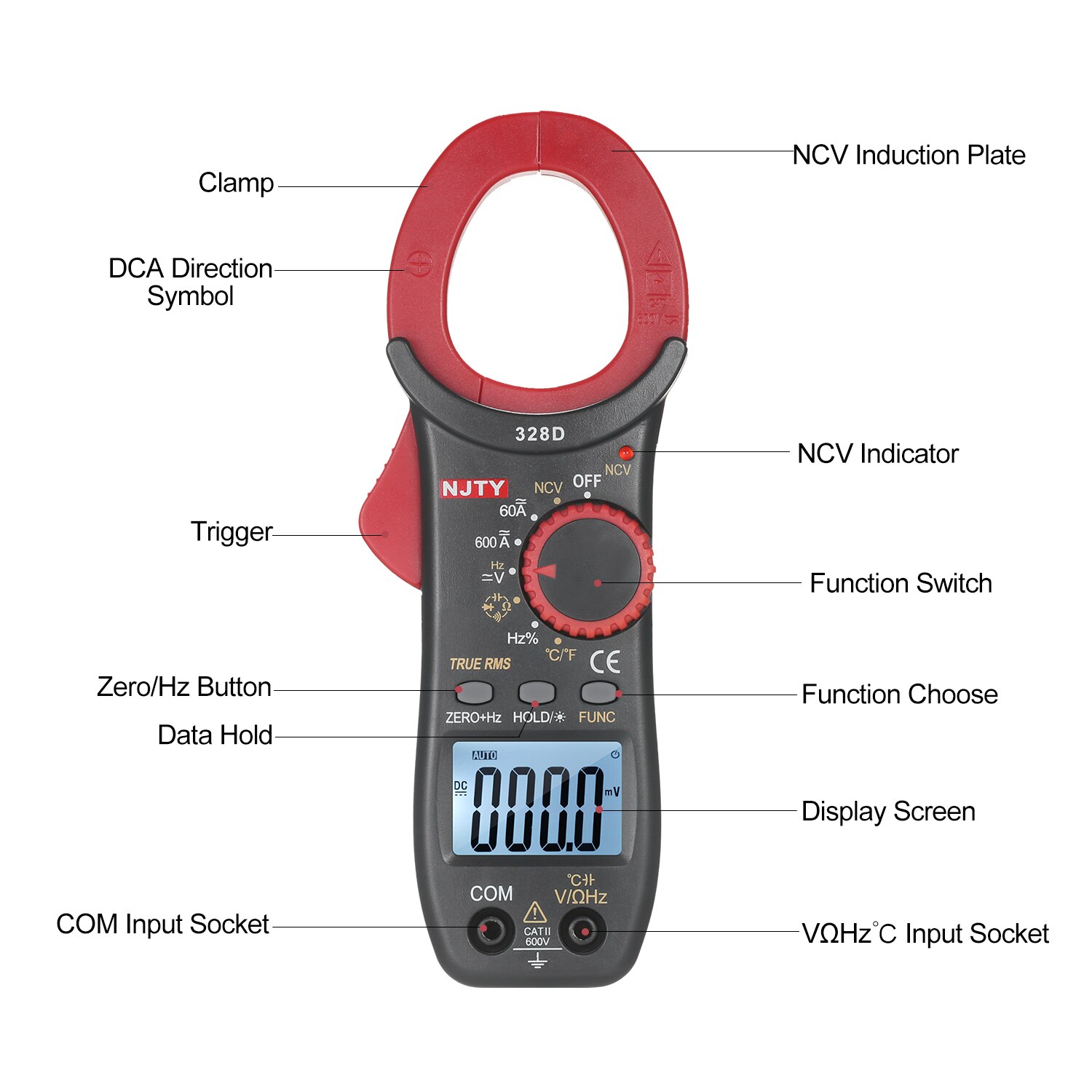NJTY Clamp Meter 600A AC Clamp Multimeter Auto Range 6000 Counts 1.6-inch LCD Digital AC True RMS NCV Clamp Universal Meter