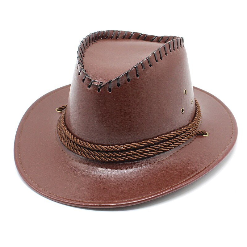Men Cowboy Hat Western Style Cap For Male Artificial Leather Jazz Glossy Cool Boy Outdoor 56-58cm NZ0032: Light Brown