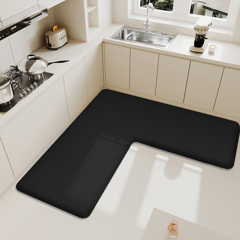 Thickened L-shaped kitchen dirt-resistant flannel water-absorbent and oil-absorbent mat non-slip soft carpet: See below for size descriptions / black
