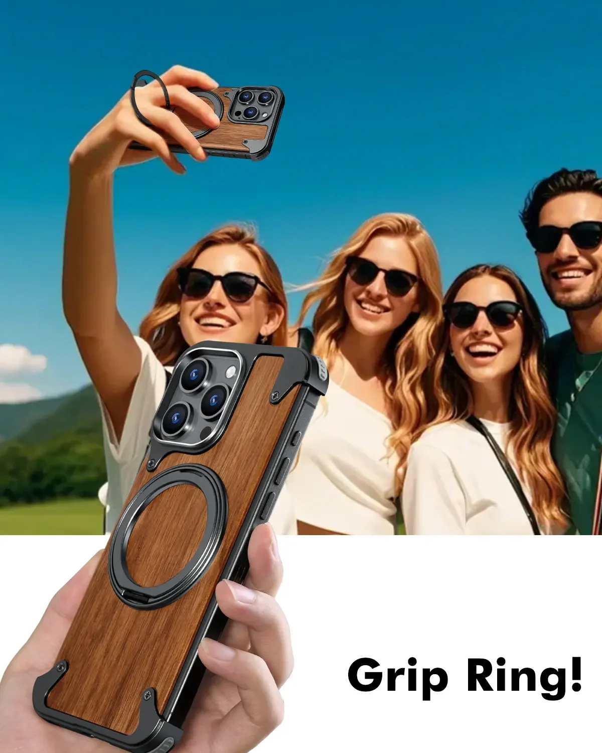 Oatsbasf Solid Wood Magnetic Phone Case for iPhone 16 Pro/16 Pro Max w/ 360°Rotate Kickstand Wireless Charging Protective Cover