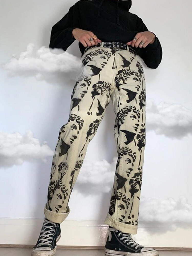 Mens Printed Statuary Jeans Men's Retro Casual Pants Men Streetwear Wild Loose Hip-hop Straight Trousers M-3XL