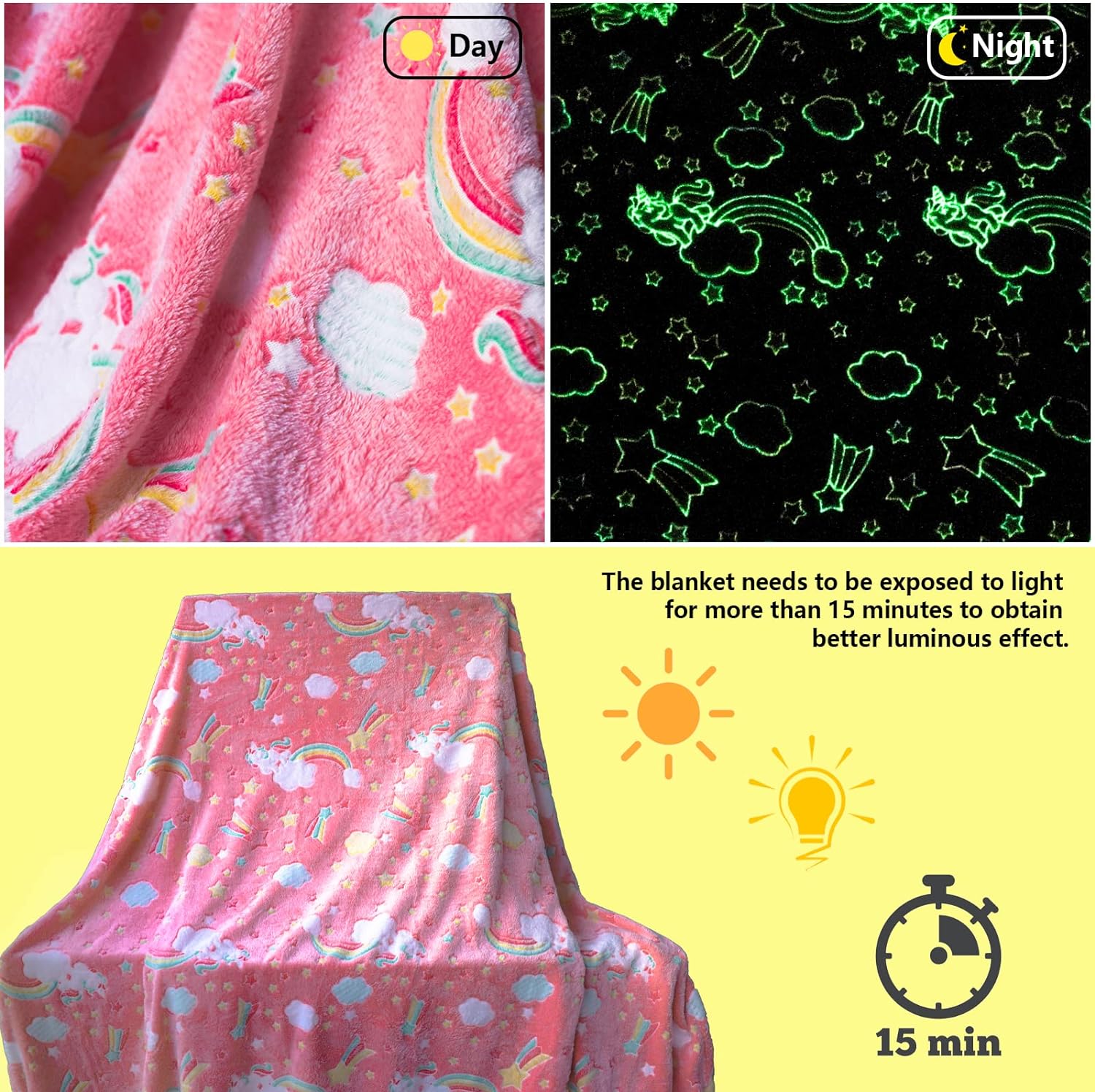 1 manta de arcoíris que brilla en la oscuridad, manta suave para niñas y niños, manta de acampada, para niños de 1 a 10 años