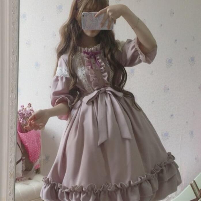 Moda feminina doce lolita lolita roupas kawaii vestido bonito estilo japonês lolita plissado vestido vintage manga sopro doce lavanda: Short Sleeve