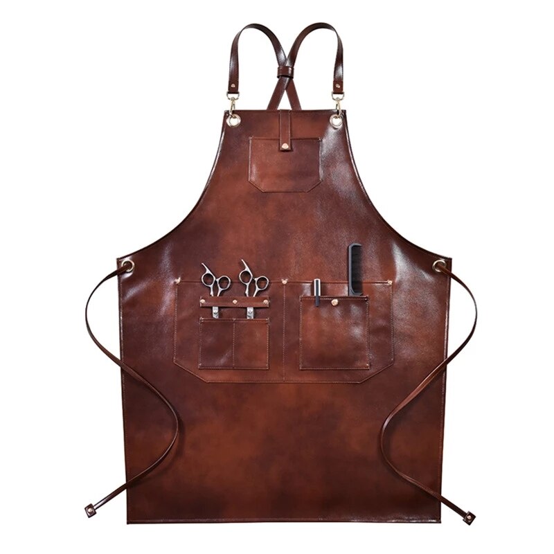 Vêtements de travail tablier en cuir PU, sangle croisée, Barista barman pâtissier Chef café bistrot BBQ Grill uniforme fleuriste barbier charpentier: Default Title