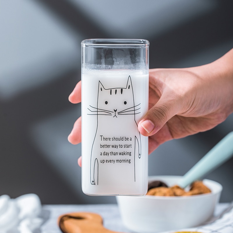 Transparent Cute Animal Pattern Glass Cup Household Coffee Milk Breakfast Drink Mug Student Square Cup Heat-resistant