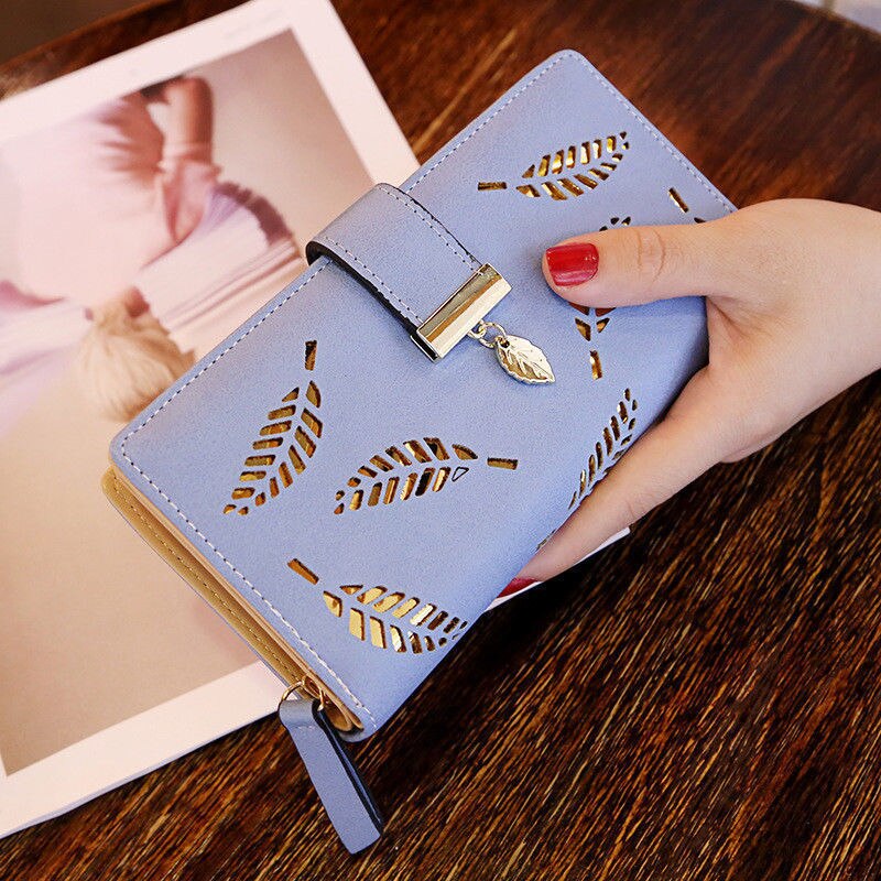 Women Wallets Long Wallet Ladies Buckle Hollow Leaf Purse Wallet Female Women Purse Card Holder: Blue