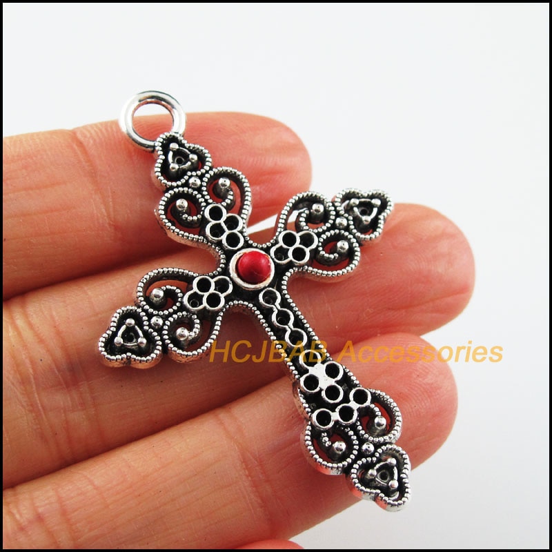 5 Hart Kruis Charms Tibetaans Zilveren Kleur Red Stone Hangers 34.5x50mm