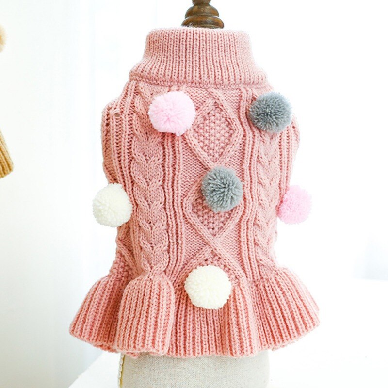 Ropa cálida para perro, suéter para mascotas, vestido de cuello alto, suéteres para cachorros, Falda de punto con pompón, ropa de invierno para mascotas pequeñas: a / XS