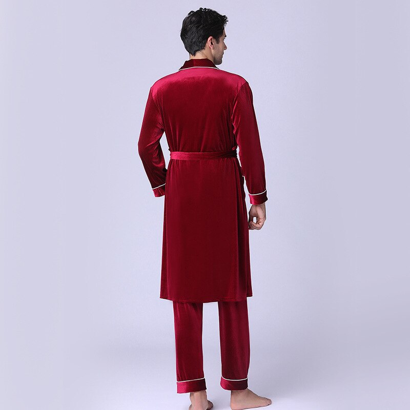 Zijde Pyjamabroek Slapen Jurk Mannen Szata Zestawy Robe De Chambre Homme Gouden Fluwelen Herfst En Winter Nachtjapon Broek