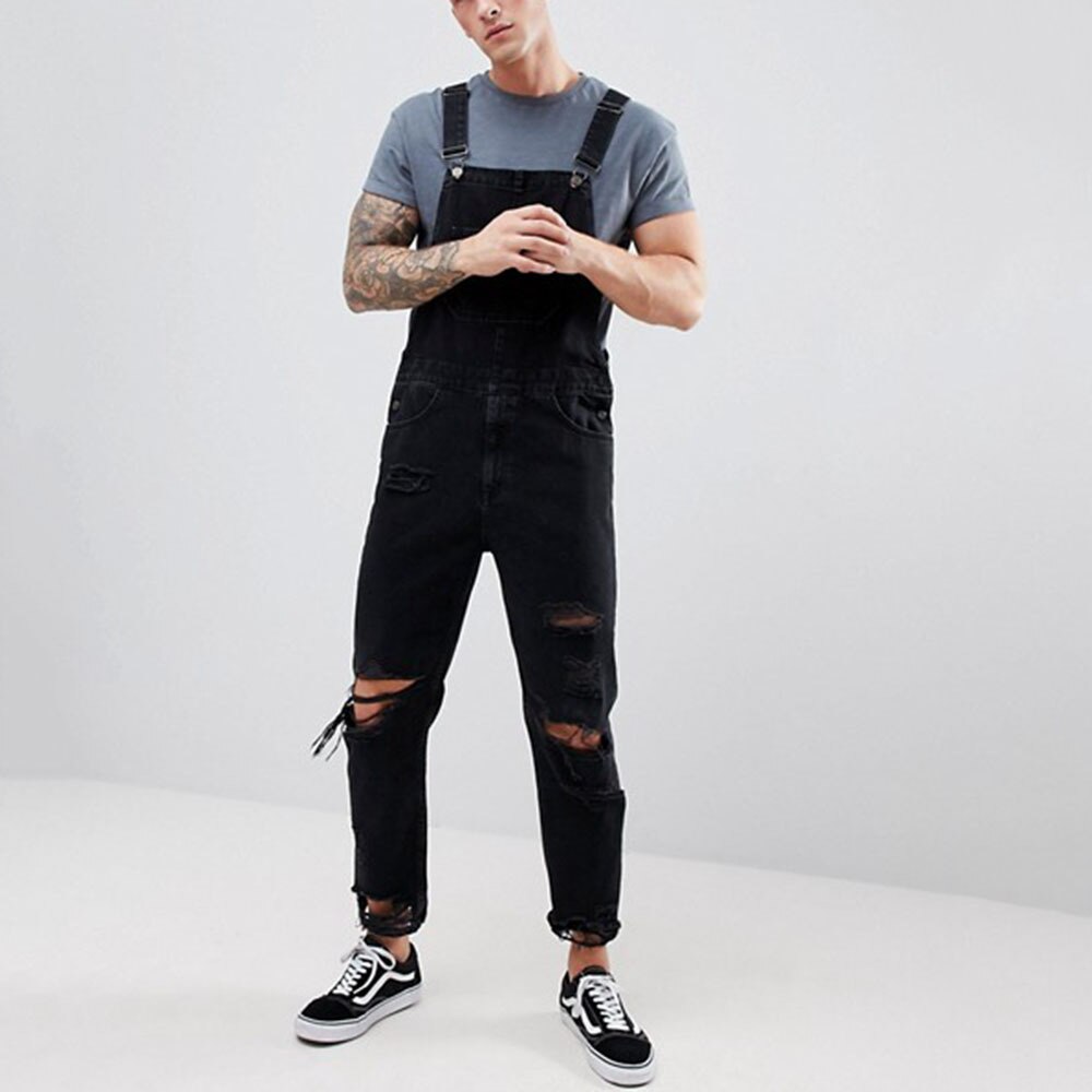 Mono vaquero rasgado hasta la rodilla para hombre, peto negro con aberturas grandes, ropa de calle, pantalones vaqueros con tirantes: S