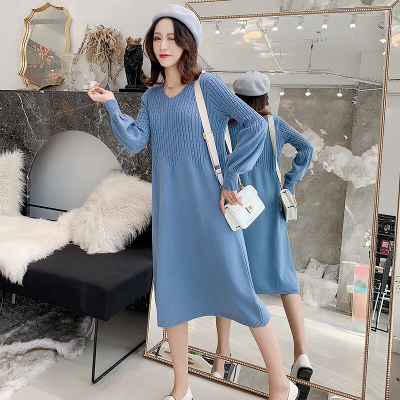Autumn Winter Korean Knitted Maternity Dress Sweet Lovely Clothes For Pregnant Women Slim Pregnancy