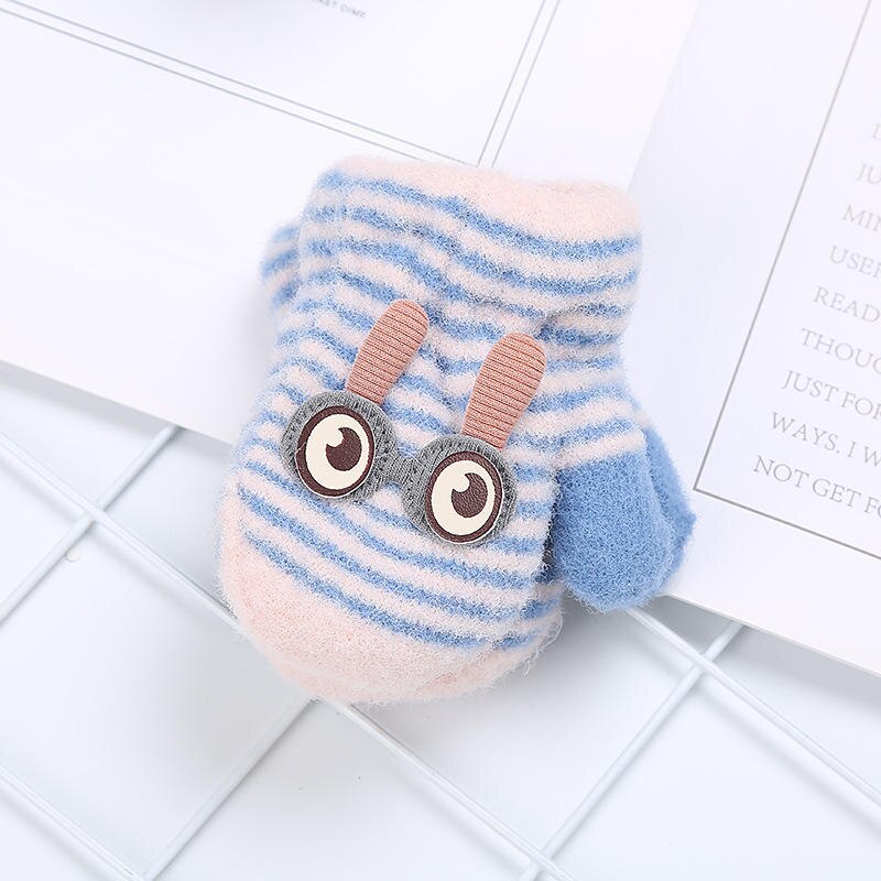 Wecute listrado bonito grandes olhos coelho dupla camada mais veludo quente luvas de inverno malha crianças luvas para meninos gilrs bebê: Azul