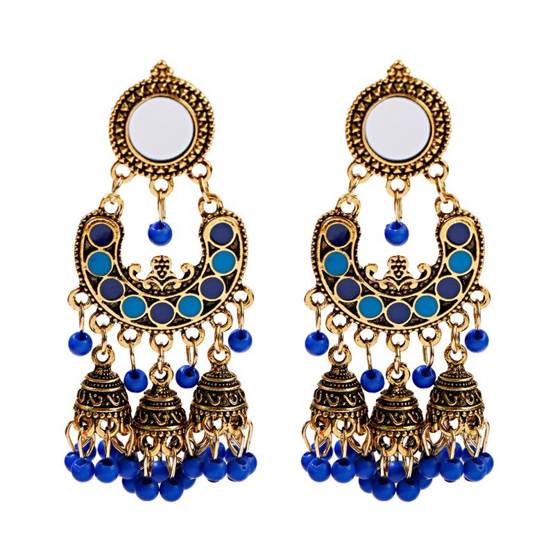 Ethnic Silver Color Gypsy Indian Earrings For Women Boho Jewelry Beads Bell Tassel Jhumka Earrings Ladies Retro Earrings