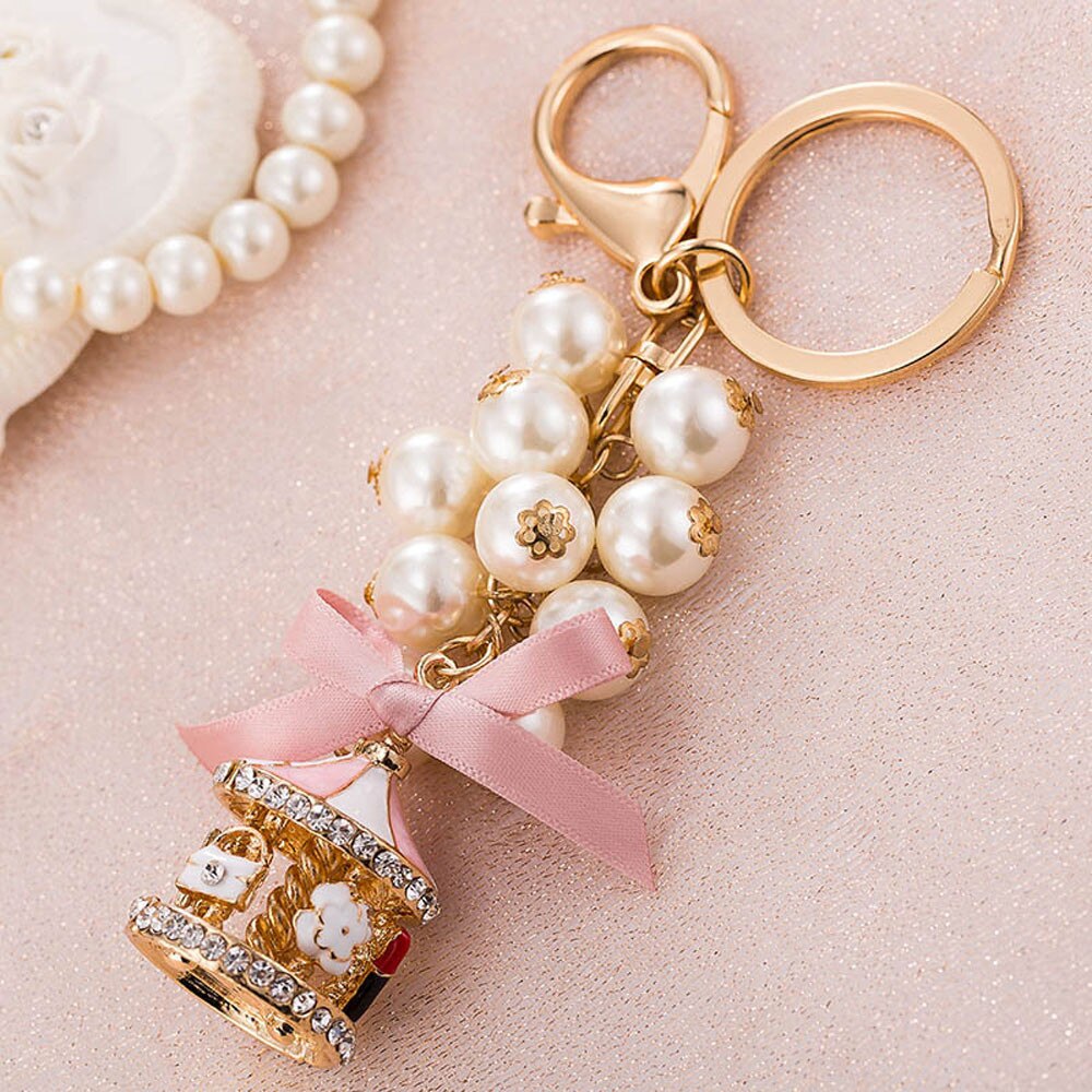 Carousel Keychain Women Pendant For Handbag Bag Exquisite Pearl String Carousel Car Key Chain Girls Bag Car Strap Pendant