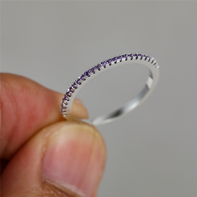 Minimalistisk kvindelig blå lilla stenring sølvfarvede vielsesfingerringe til kvinder klassisk lille tynd forlovelsesring