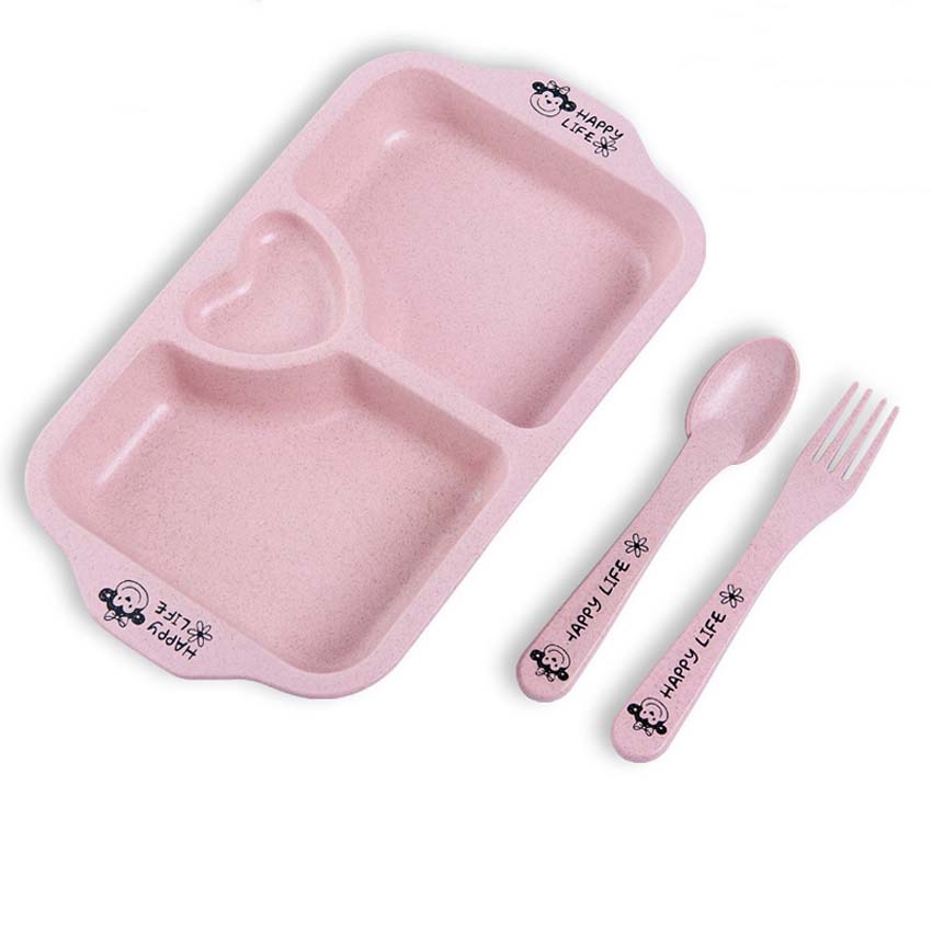 Cartoon Baby Dishes Wheat Fiber Sub-grid Plates Irregular Children Tableware For Infant Toddler Kids Feeding Utensils: Pink Heart 3Grid Set