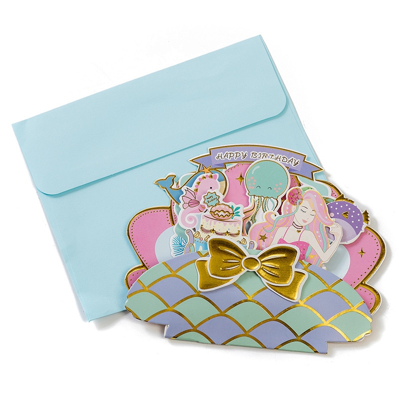 3D Pop-Up Birthday Invitation Card Mermaid Cartoon Animal Card Kids Birthday Cake Greeting Cards Postcards Card with Envel