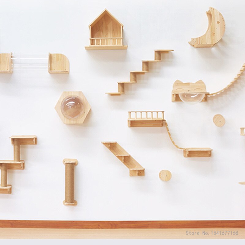 Amaca per gatti a parete letto mobili per animali domestici Set di mensole da parete per gattini gatto persico tiragraffi in legno Post da arrampicata Cat Tree House Toy